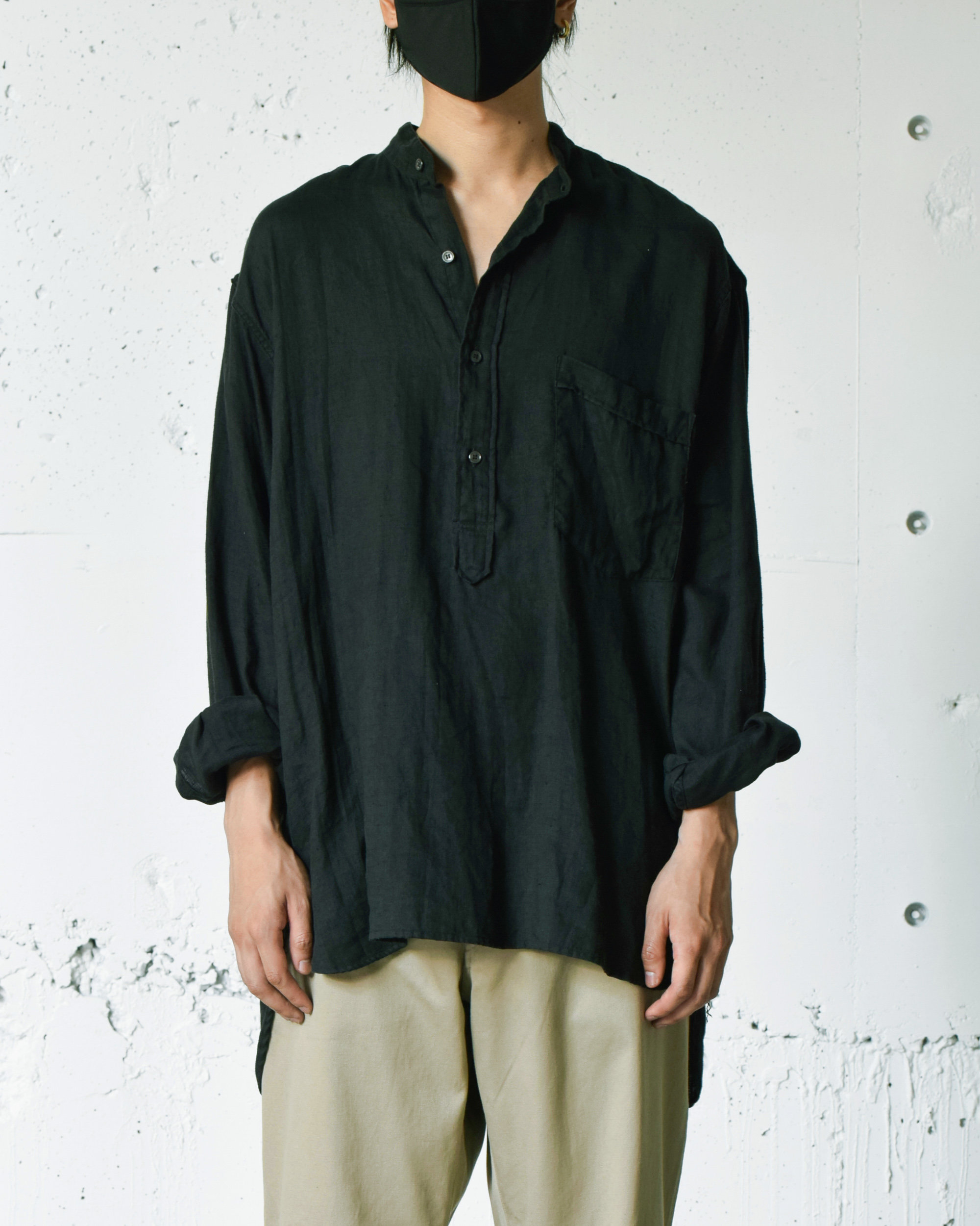 comoli 21ss リネンWクロス プルオーバーシャツ 1 チャコール-eastgate.mk